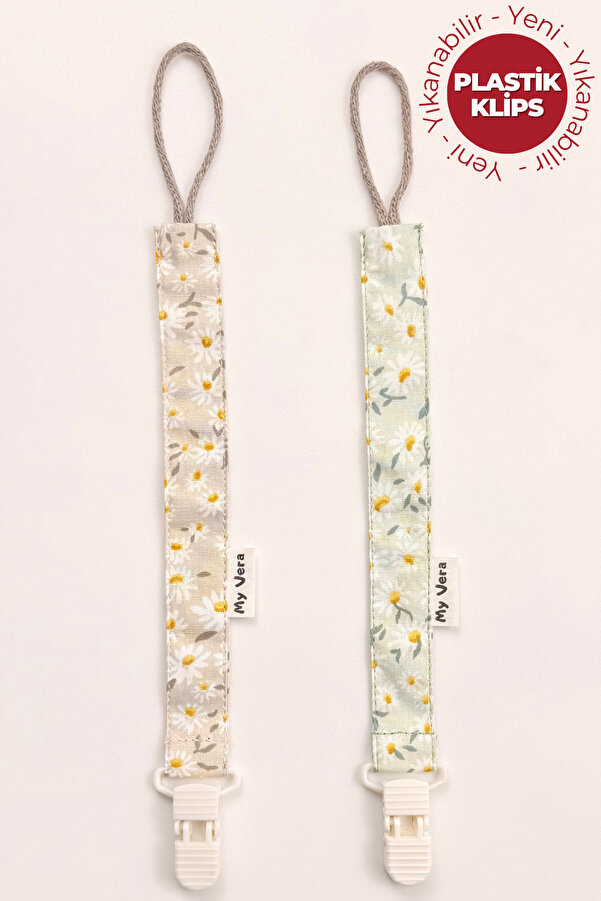 MyVera Yeşil Papatya - Vizon Papatya - Plastik Klipsli Emzik Askısı Seti - 2'li Emzik Zinciri Seti