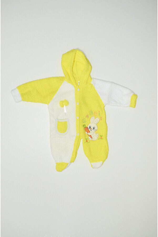 Baby Slon Kids Clup Kışlık welsoft tavşan nakışlı düğme kapamalı patikli kapüşonlu unisex bebek tulumu
