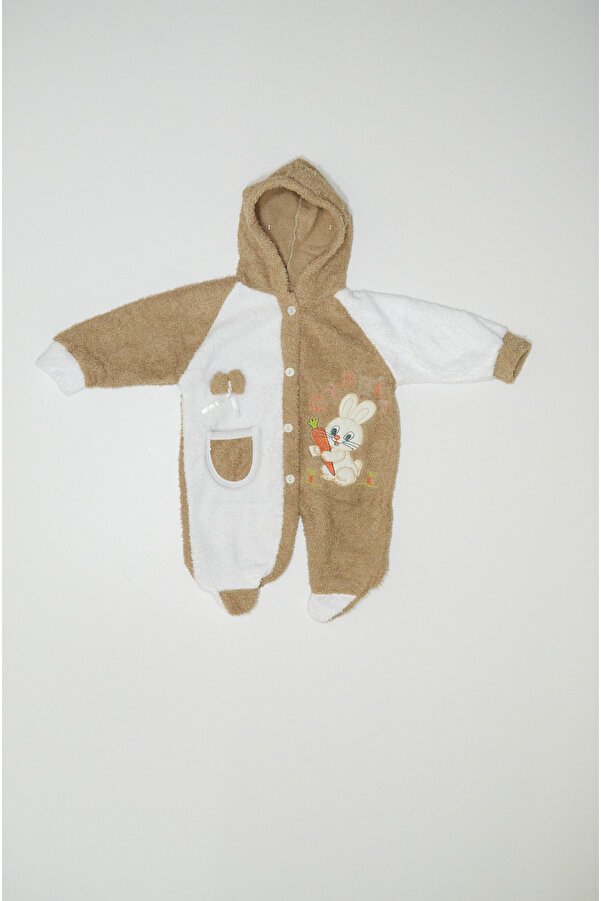 Baby Slon Kids Clup Kışlık welsoft tavşan nakışlı düğme kapamalı patikli kapüşonlu erkek bebek tulumu