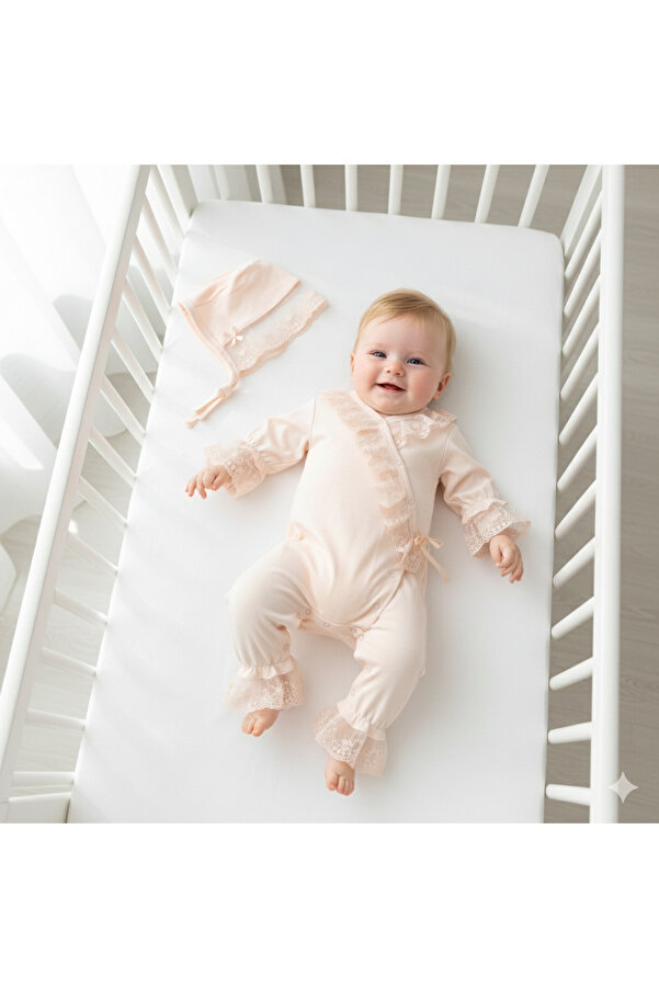 Miniday Baby Kız Bebek Dantelli Mevlütlük Tulum Şapkalı Yeni doğan Hastane çıkışı Abiye Mevlitlik %100 Pamuk 17