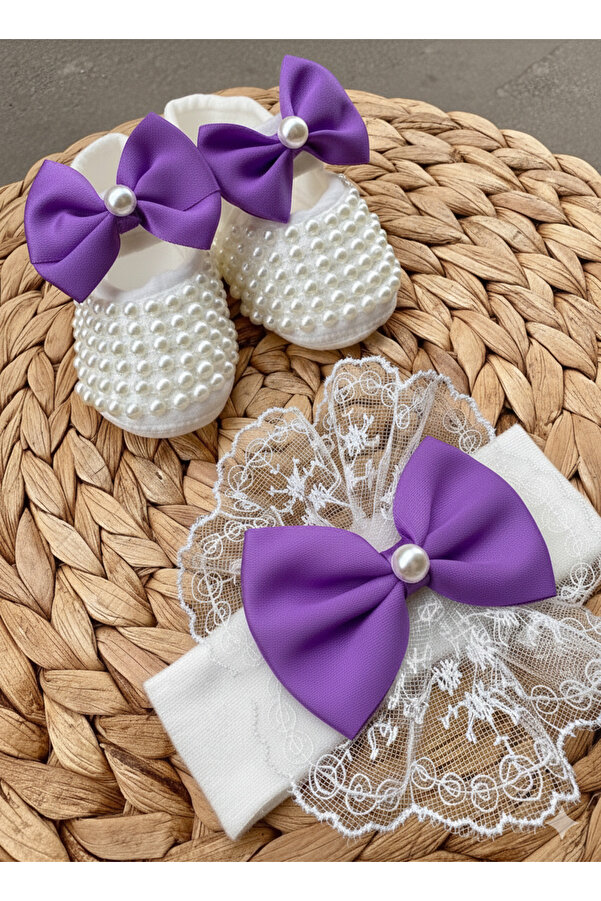 Harry&Millie Kız Bebek Fiyonk Detay Parlak Incili patik dantelli bandana set 10cm Hediyelik Patik Lüx Cırtcıtlı