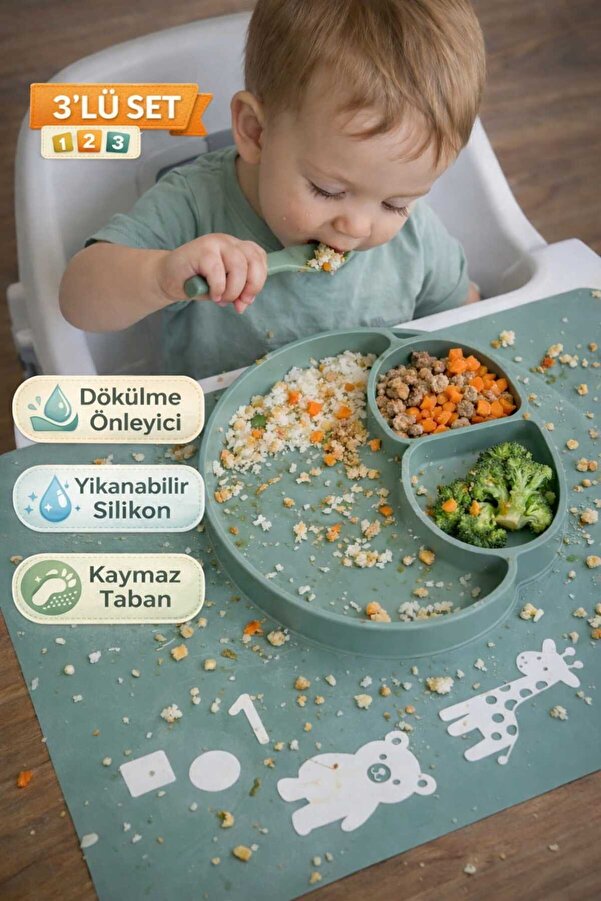 CKM silikon Çok Amaçlı Bebek Dökülme Önleyici Silikon Mama Matı 3’lü Set – Yıkanabilir & Kaymaz Mint Yeşili