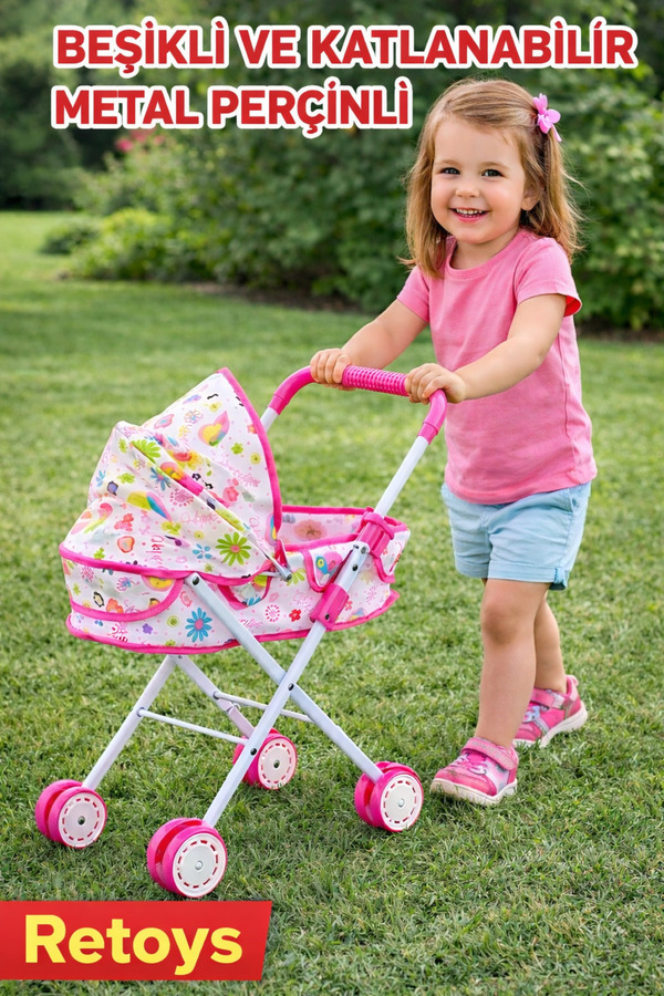Realx Oyuncak Tenteli Yataklı Metal Puset Katlanabilir Bebek Arabası