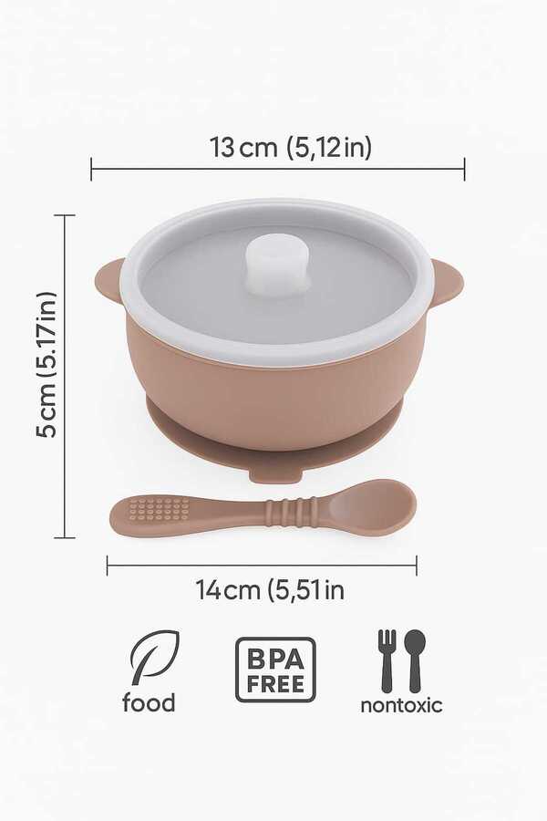 Baby Bebek kapaklı bej mama kasesi ve silikon kaşık 2'Lİ