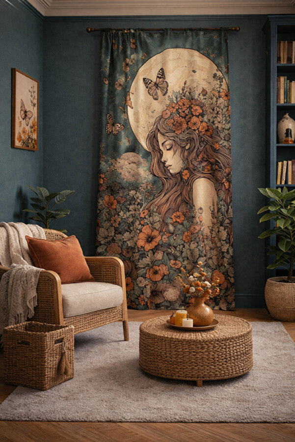 ALAMODECOR Doğa Kadın Kelebek Desenli Tek Kanat Genç Odası Fon Perde