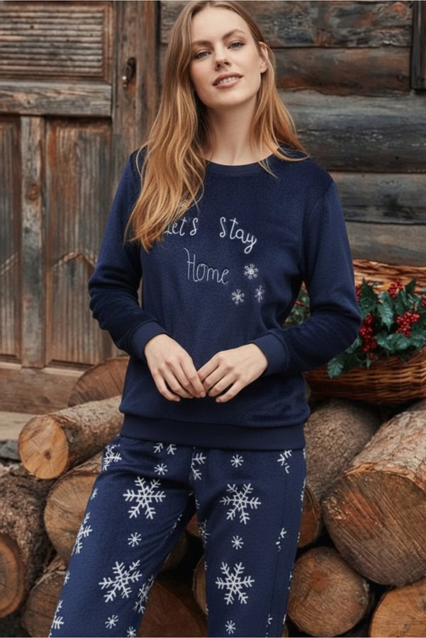 DOFİ Women's Winter New Year Pajamas Set Navy Blue Super Soft New Year Christmas Christmas