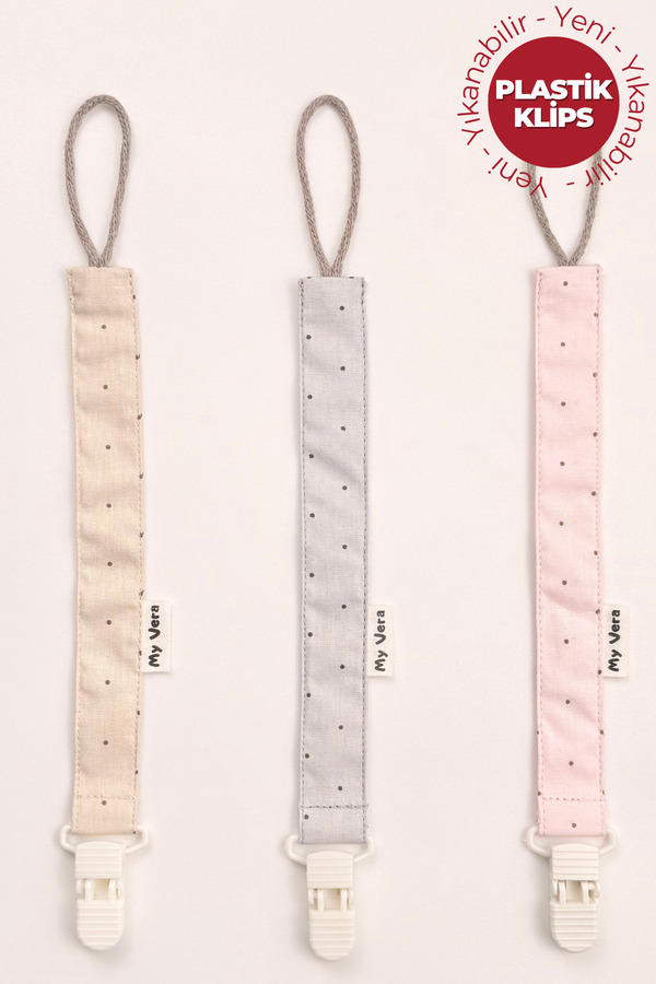 MyVera Vizon - Gri - Pudra Puantiye - Plastik Klipsli Emzik Askısı Seti - 3'lü Emzik Zinciri Seti