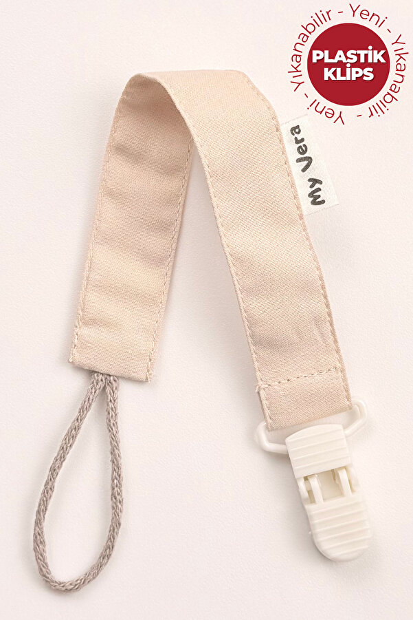 MyVera Bej Emzik Askısı - Kumaş Pamuk Bağcıklı Emzik Zinciri - Krem Emzik Tutacağı
