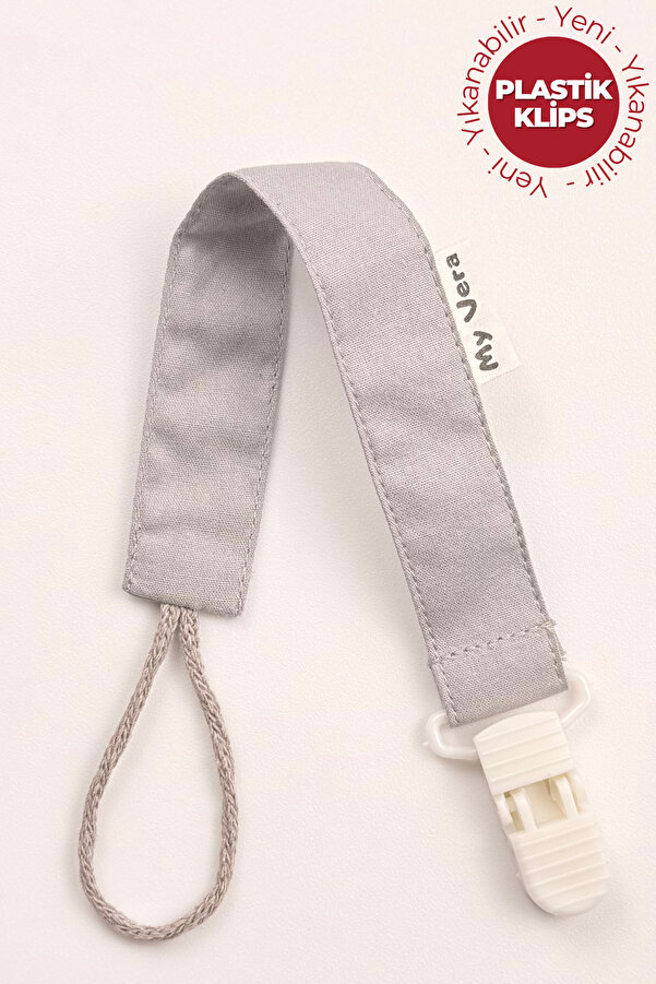 MyVera Gri Emzik Askısı - Kumaş Pamuk Bağcıklı Emzik Zinciri - Emzik Tutacağı