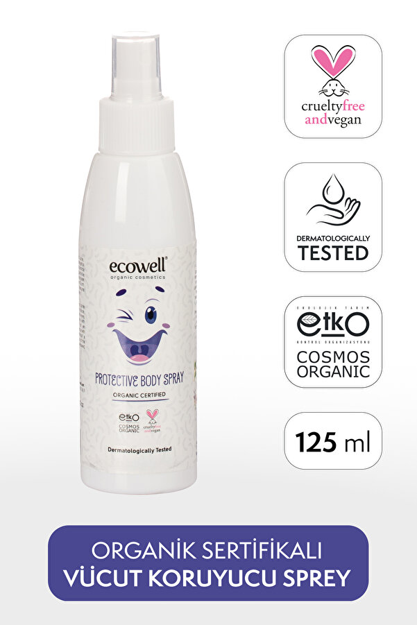 Ecowell Organik Bebek Koruyucu Sprey, Vegan, Yüz & Vücut, Lavanta, Limon, Okaliptus Yağı 125ml
