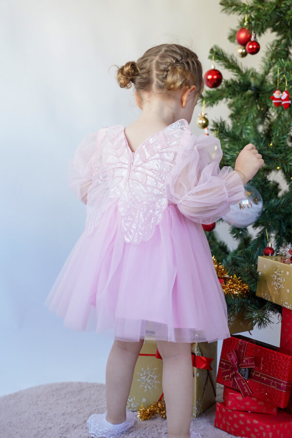 ALYRA Kız Bebek Çocuk Uzun Kollu Kanatlı Doğum Günü Parti Düğün Özel Gün Tüllü Tütü Astarlı Prenses Elbise