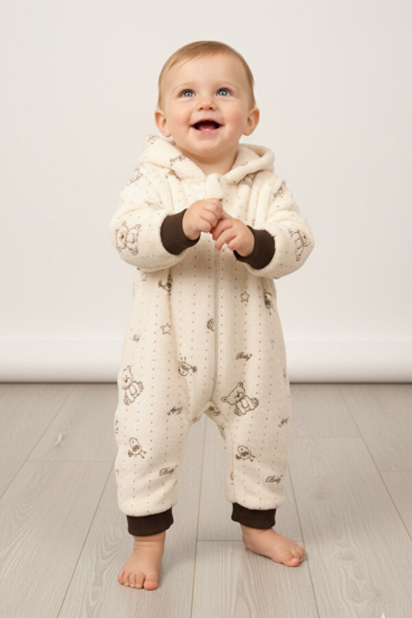 Mamman's Kışlık, Kalın Peluş, Kapüşonlu, Fermuarlı Erkek Bebek Tulumu, Welsoft Kumaş