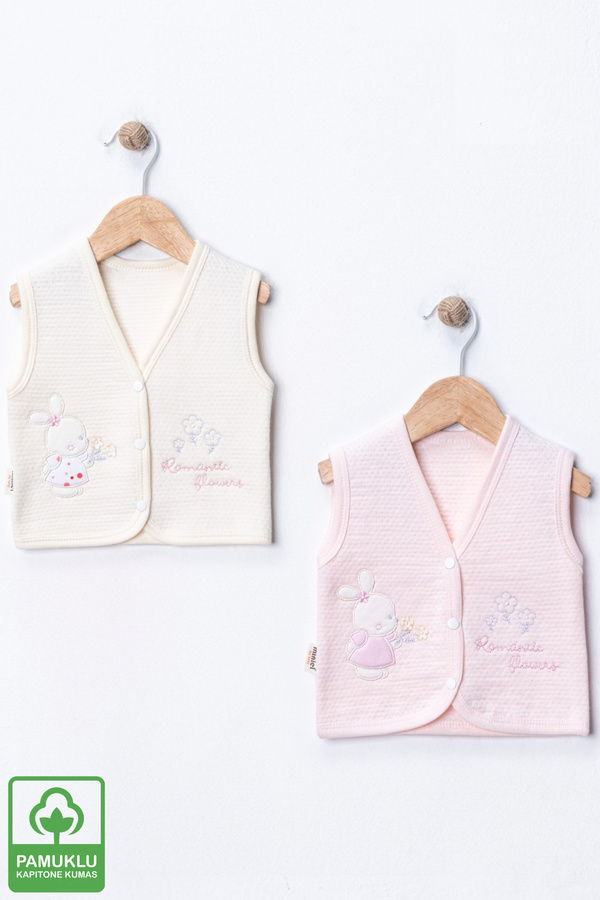 Miniel Kız Bebek Çiçekli Ayıcık Nakışlı Organik Pamuklu 3-6-9 Ay 2li Kapitone Bebek Yelek