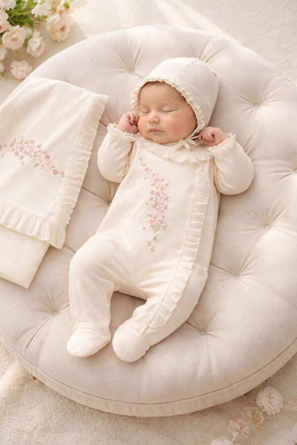 Mert Baby Çiçek Nakışlı Dantel Detaylı 3'lü Organik Hastane Çıkış Seti Natural %100 Pamuk Yenidoğan Kız Bebek