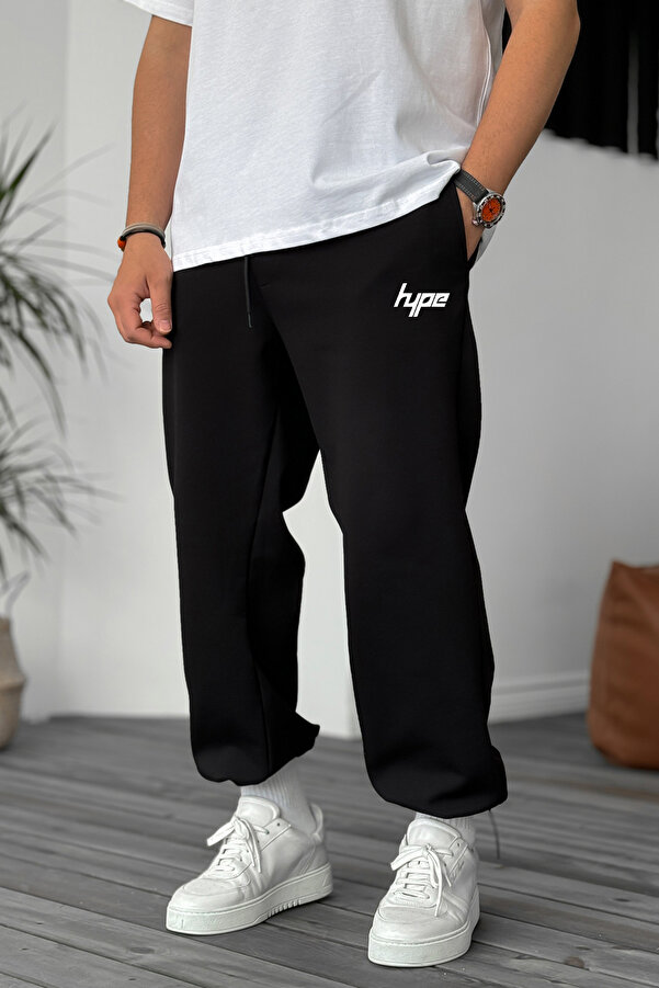 Erkek Hype Baskılı Baggy Ayarlanabilir Paça 3 İplik Şardonlu Bol Kesim Stoper Paça Eşofman Altı