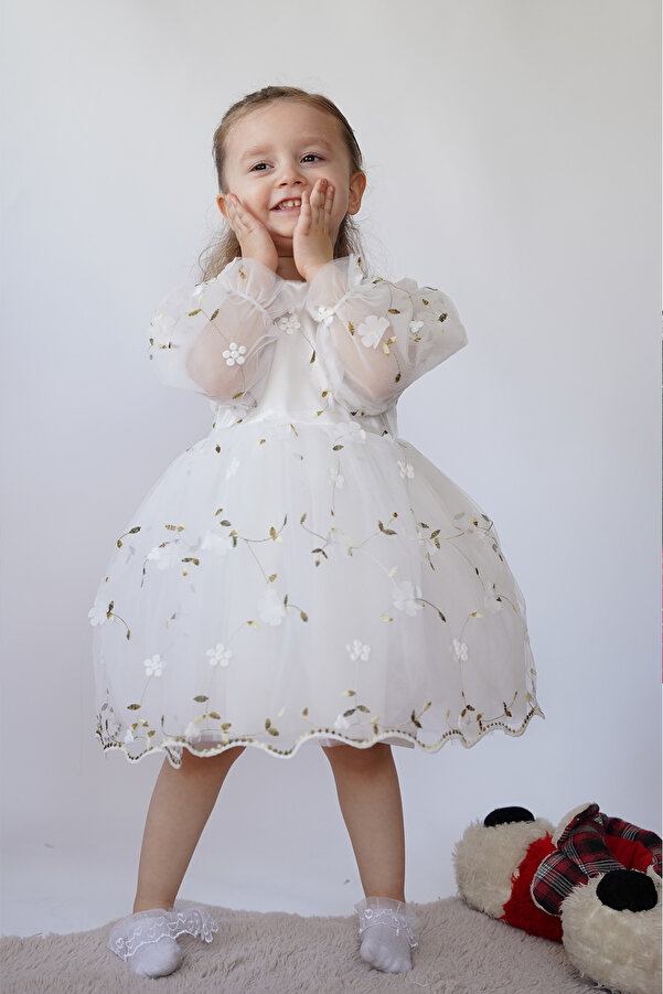 ALYRA Kız Bebek Elbise Uzun Kollu 3D Çiçekli Vintage Fiyonklu Doğum Günü Parti Düğün Özel Gün Çocuk Elbise