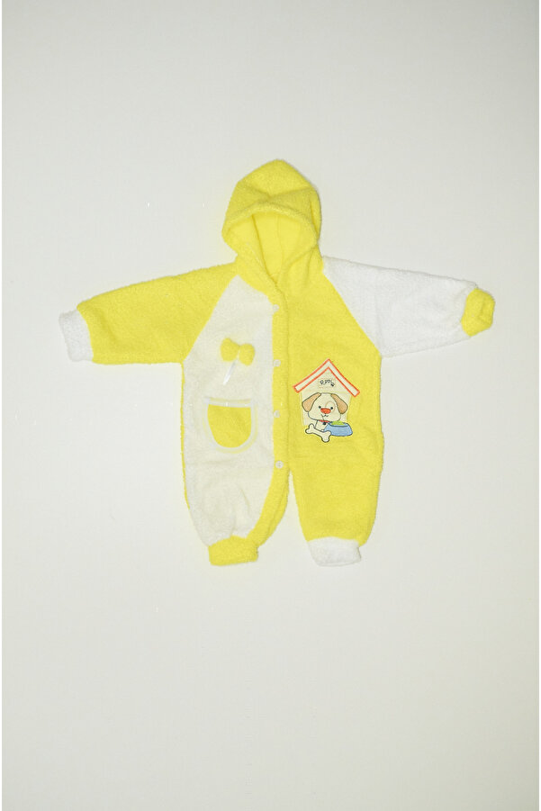 Baby Slon Kids Clup Kışlık welsoft sevimli köpek nakışlı düğme kapamalı kapüşonlu unisex bebek tulumu