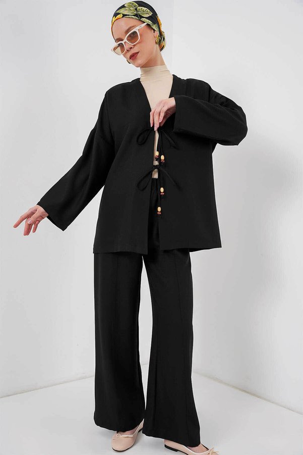 Bigdart Linen Kimono Black Women's Top and Bottom Set 6727