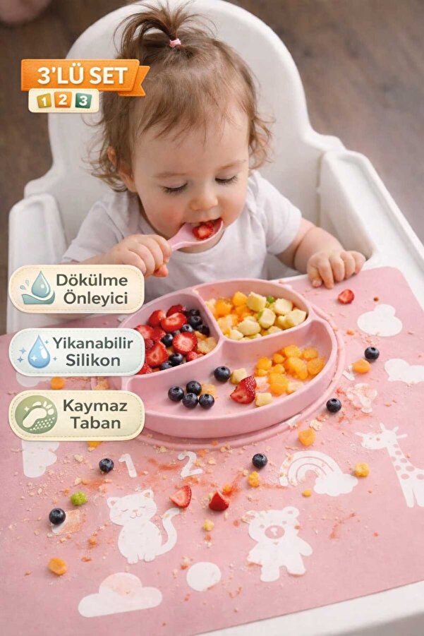 CKM silikon Çok Amaçlı Bebek Dökülme Önleyici Silikon Mama Matı 3’lü Set – Yıkanabilir & Kaymaz Pembe