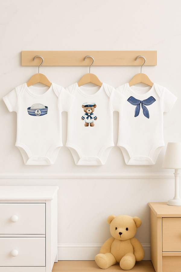 Bebe wini %100 Pamuk 3'lü Deniz Tema Baskılı Kısa Kollu Bebek Body