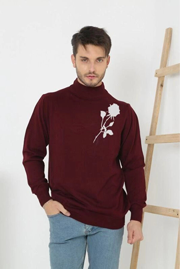 pilelistore Baskılı Yarım Boğazlı Uzun Kol Dokuma Triko - Bordo