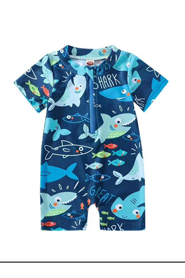 MODA Köpekbalığı desenli bebek mayo tulum. Hafif, esnek ve rahat yapısıyla yaz için idealdir.