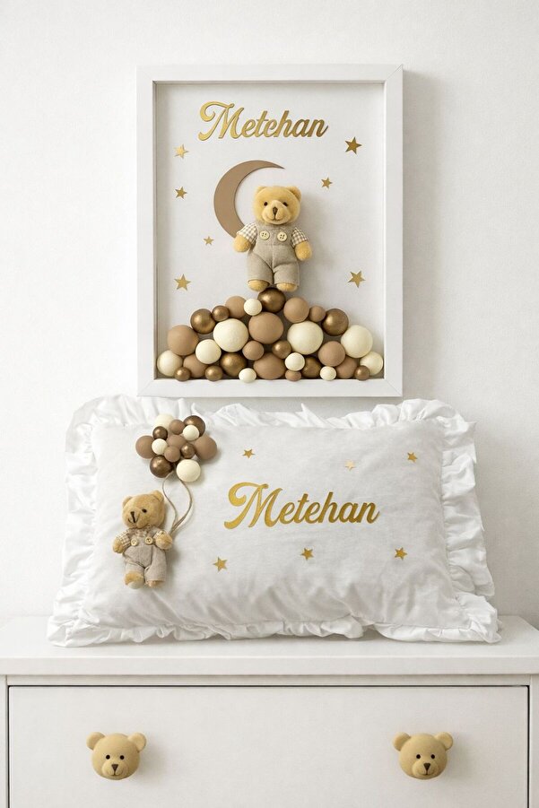 Bonika Çerçeveli Bubble Ayıcıklı Bebek Kapı Süsü ve Bebek Takı Yastığı 2'Li Set
