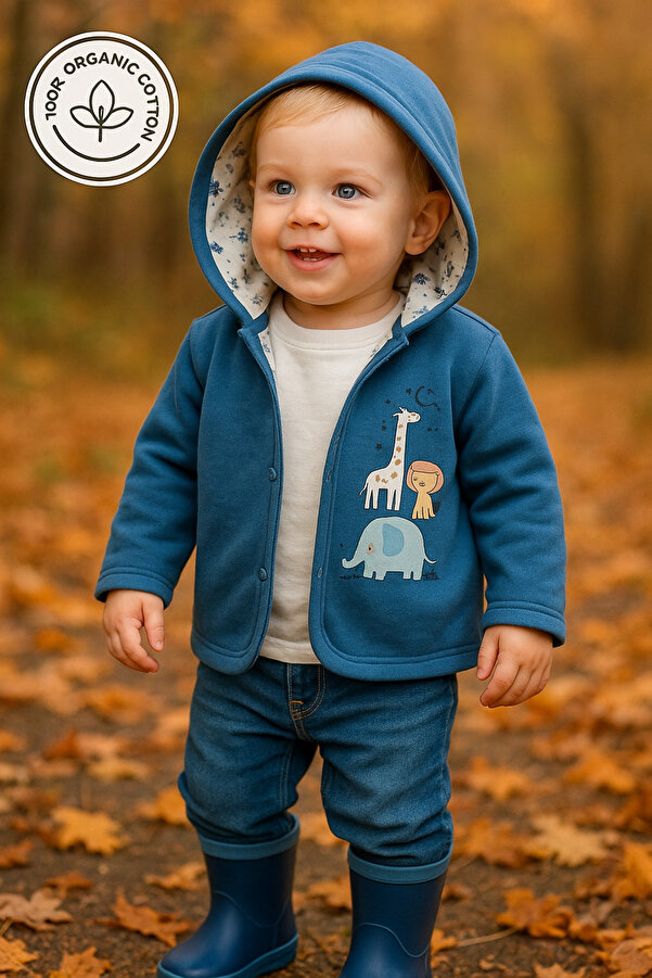 Baharda Nova Oeko Tex Sertifikalı %100 Organik Pamuk Çift Katlı Bebek Çocuk Kız/Erkek Kapşonlu Penye Hırka