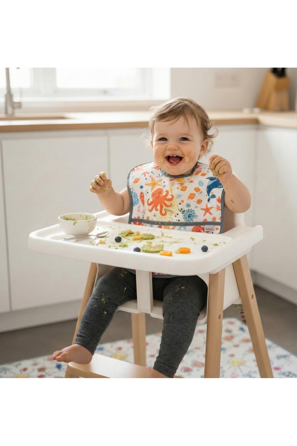 yorni Sea World, 6-24ay Boyundan Cırtlı, Su Geçirmez, Cepli, Makinada Yıkanabilir, Bebek Mama Önlük