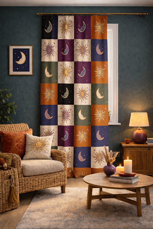ALAMODECOR Güneş ve Ay Desenli Tek Kanat Genç Odası Fon Perde
