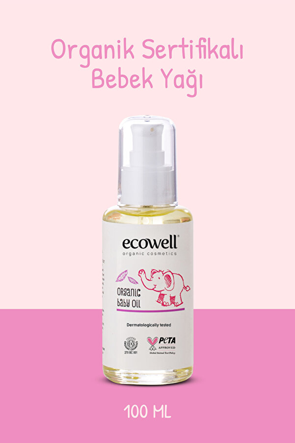 Ecowell Bebek Yağı, Organik & Vegan Sertifikalı, Hipoalerjenik, Nemlendirici, Rahatlatıcı Bebe Masajı, 100ml