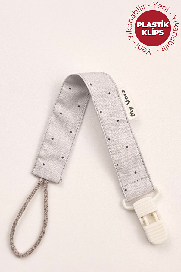 MyVera Gri Puantiyeli Emzik Askısı - Kumaş Pamuk Bağcıklı Emzik Zinciri - Emzik Tutacağı