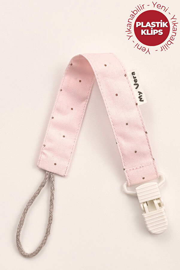 MyVera Pudra Puantiyeli Emzik Askısı - Kumaş Pamuk Bağcıklı Emzik Zinciri - Pembe Emzik Tutacağı