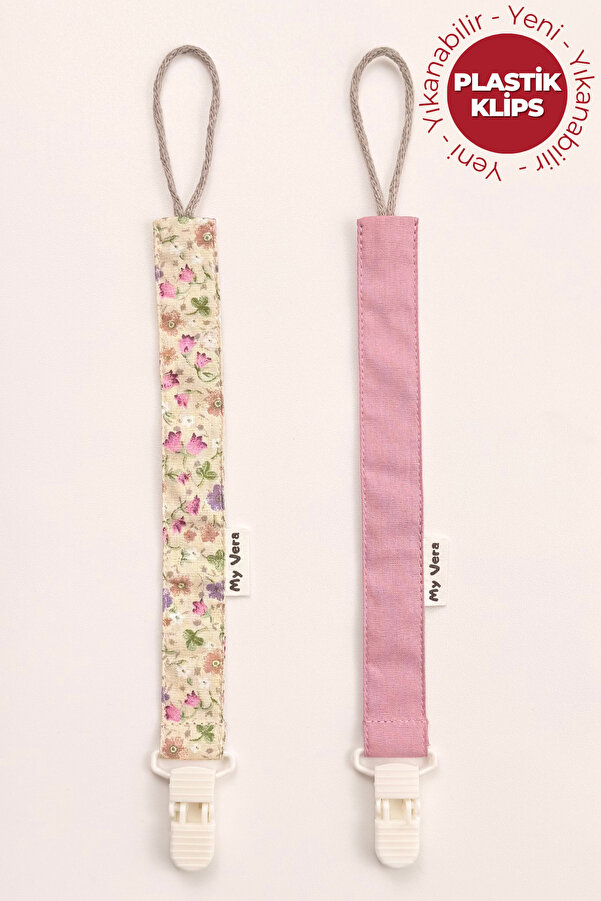 MyVera Bahar Çiçek Vizon - Gül Kurusu - Plastik Klipsli Emzik Askısı Seti - 2'li Emzik Zinciri Seti