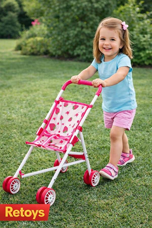 Retoys Oyuncak Metal Bastonlu Puset Bebek Arabası Çilek Desenli Katlanabilir Mama Sandalyesi