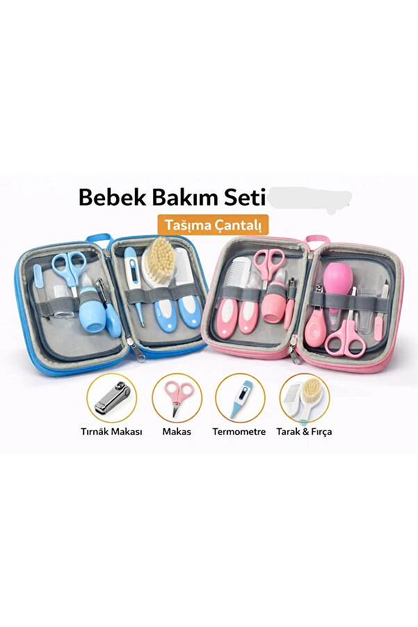 SİNKA Bebek Bakım Çantası Dijital Ateş Ölçerli 0+ Üst Kalite 8 Parça Bakım Seti ( 2 ADET Pembe -MAVİ )