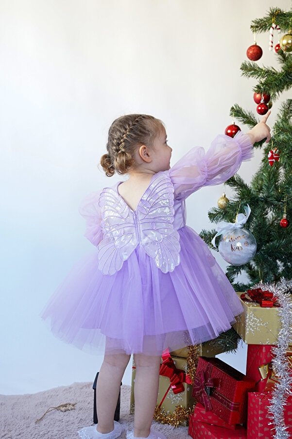 ALYRA Kız Bebek Çocuk Uzun Kollu Kanatlı Doğum Günü Parti Düğün Özel Gün Tüllü Tütü Astarlı Prenses Elbise