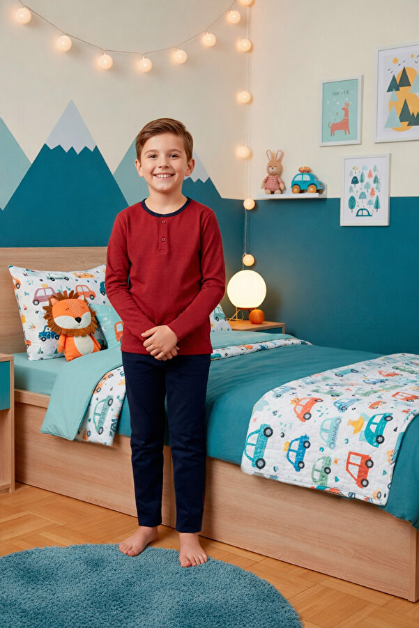 Kompedan Erkek Çocuk İnterlok Bisiklet Yaka Pijama Takımı | Bordo 204