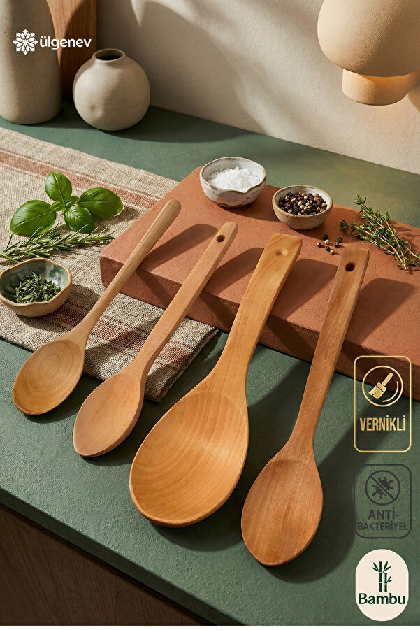 Ülgenev 4’lü Vernikli Bambu Tahta Kaşık Seti – Sos, Pilav, Mama ve Servis Kaşığı
