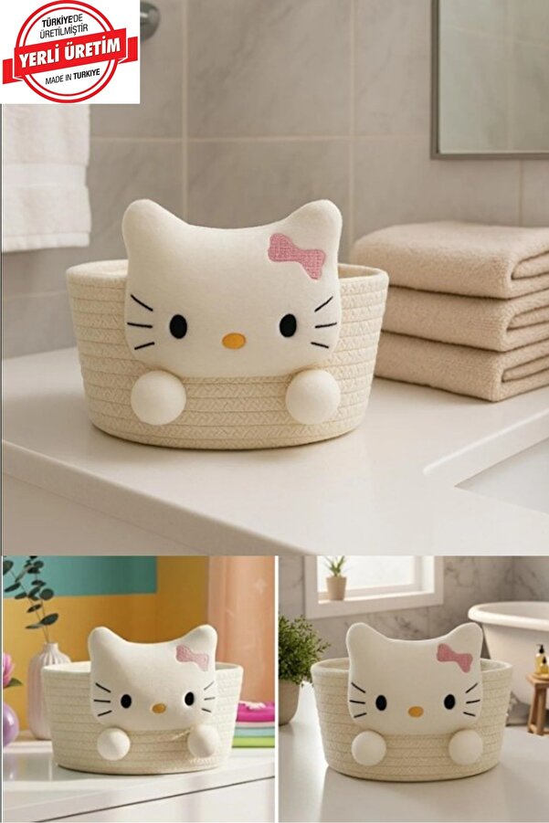 Kitchen Beauty Hello Kitty Peluşlu Çok Amaçlı Hasır Sepet, Banyo Sepeti, Dekor Sepet, Havlu Sepeti