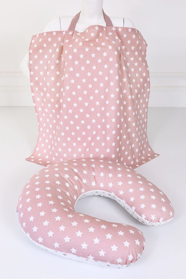 Umaybebek Emzirme Yastığı, Emzirme Önlüğü Set - Pamuklu Kumaş - Pudra Yıldız