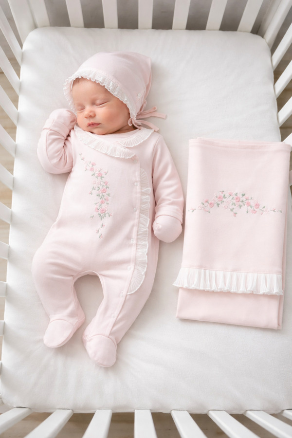 Mert Baby Çiçek Nakışlı Dantel Detaylı 3'lü Organik Hastane Çıkış Seti %100 Pamuk Yenidoğan Kız Bebek