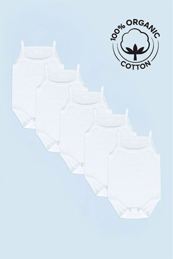 vitmo 5'li Zıbın %100 Organik Pamuk , Beyaz Ip Askılı Bebek Body