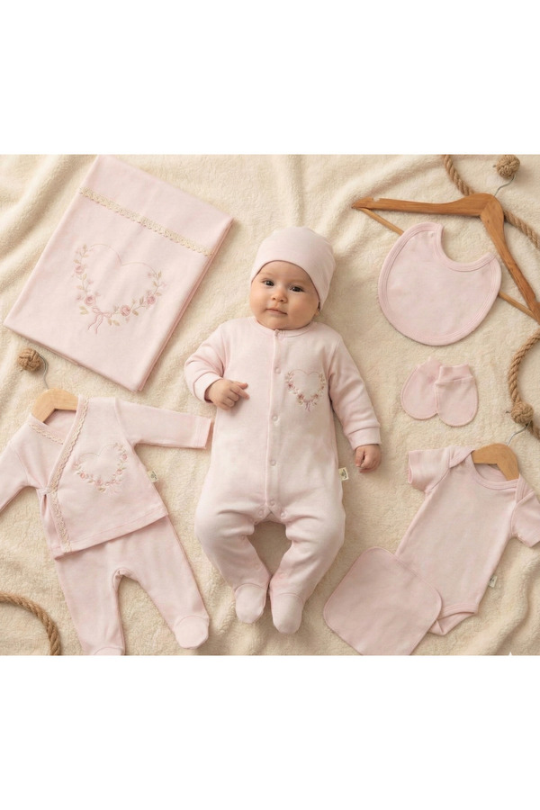 ZEYNUKO KIZ BEBEK KALP NAKIŞLI %100 PAMUK 0-3 AY 10'LU YENİDOĞAN HASTANE ÇIKIŞI ZIBIN SETİ KUTULU