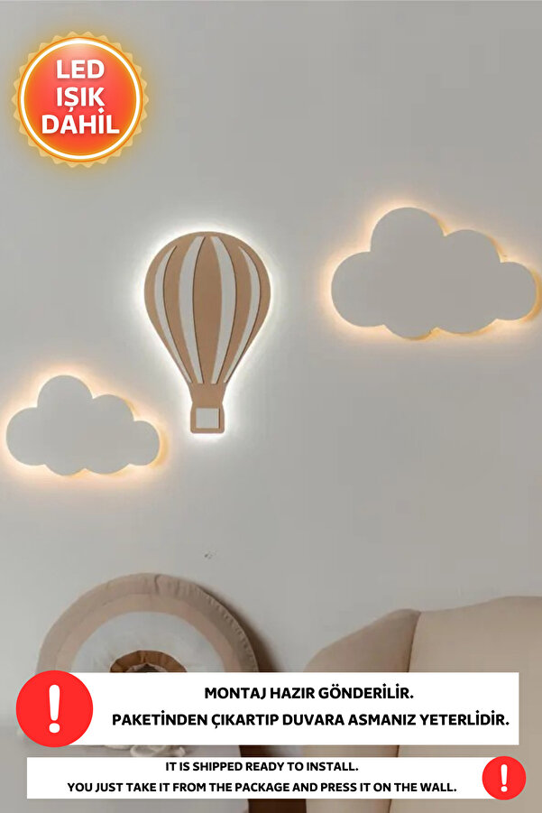 Dekorvin 3lü Set 2 Adet Bulut 1 Adet Balon Led Işıklı Çocuk Odası Gece Lambası Bebek Çocuk Odası Duvar Lamba