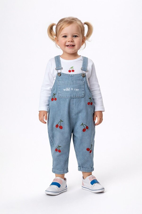 dinamik çocuk Kız Bebek Çiçek/Çilekli/Kirazlı Nakışlı Uzun Kollu Badili Esnek Kot Salopet 2li Takım Bayramlık 6-9-