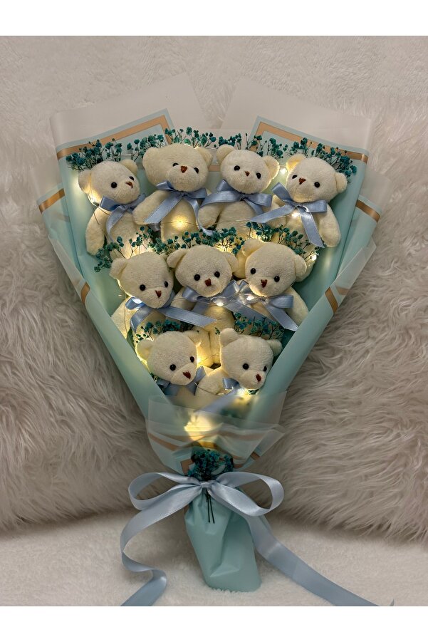 Salish Led Işıklı Teddy Bear 9’lu | Mavi Peluş Ayıcık Buketi, Çiçek Detaylı | Özel Hediye