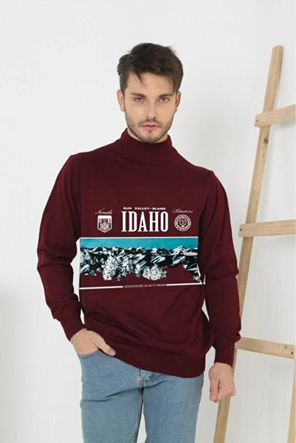 pilelistore Baskılı Yarım Boğazlı Uzun Kol Dokuma Triko - Bordo