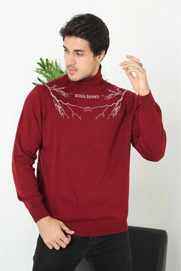 pilelistore Baskılı Tam Boğazlı Uzun Kol Dokuma Triko - Bordo