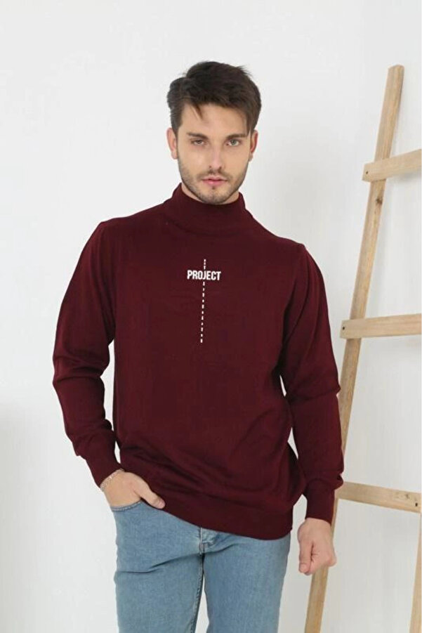 pilelistore Baskılı Yarım Boğazlı Uzun Kol Dokuma Triko - Bordo